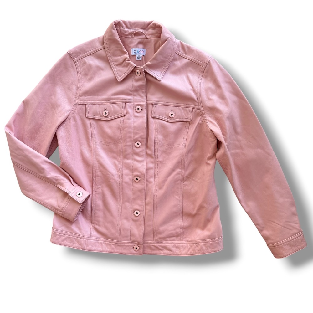D&Co Denim & Co Womens M Pastel Pink Genuine Leather Trucker Jacket Coquette Y2K
